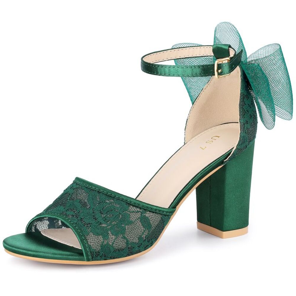 Lace Open Toe Bow Ankle Strap Block Heel Sandals Dark Green